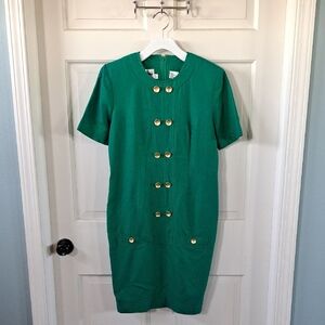 Vintage 100% Silk Leslie Fay  Emerald Gold Button Modest Sheath Midi Dress